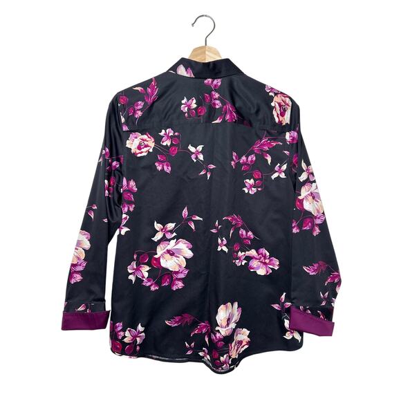 Chico’s Floral No-Iron Black Purple Sateen Button Up Shirt Cotton Size 1 = 8/10 - Picture 9 of 13
